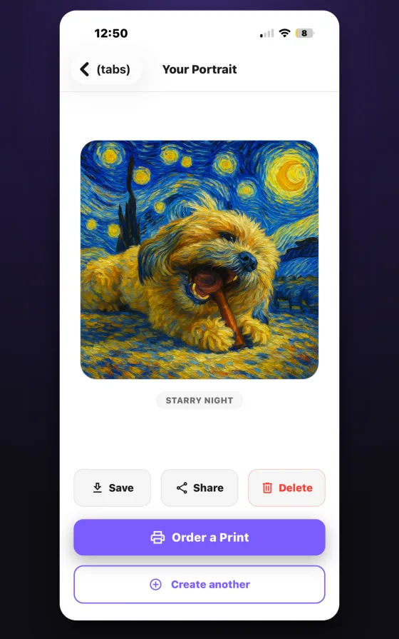 A finished Starry Night portrait with Save, Share, and Order a Print buttons