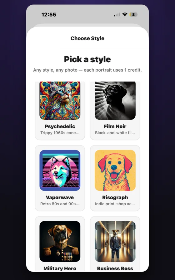 The style picker, showing a grid of art styles