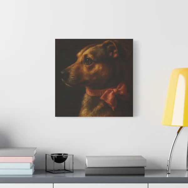A gallery-wrapped canvas of an oil-painting pet portrait hanging above a desk