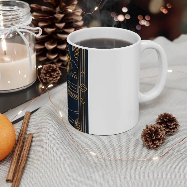 A ceramic mug with an art-deco pet portrait, steaming coffee, handle in view