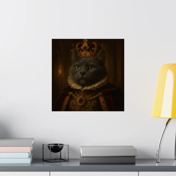 A matte poster of a cat in a royal portrait, framed on a bright wall