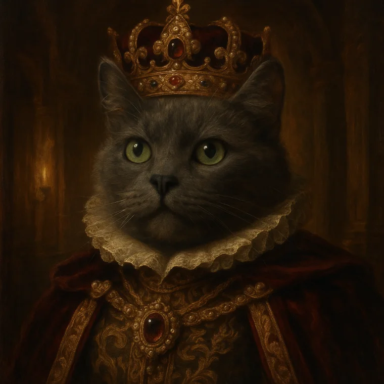 The same cat as a royal portrait, wearing a crown and robes