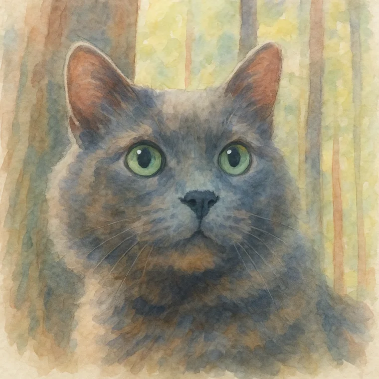 A grey-blue cat with green eyes as a soft watercolor portrait
